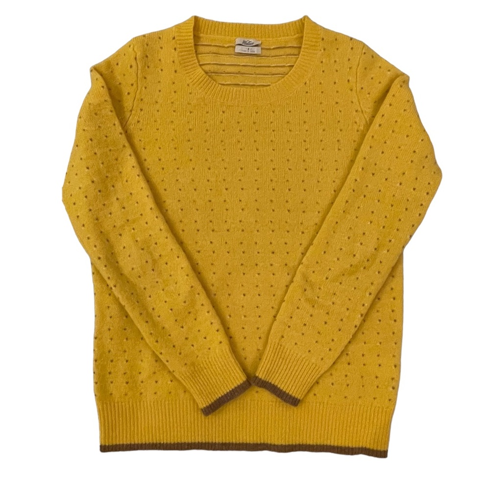 Wallace 100% merino wool crew sweater, yellow, brown, sz S.